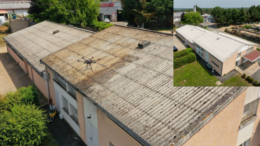 Drone en train de pulvériser un produit sur une toiture Drone en train de pulvériser un produit sur une toiture