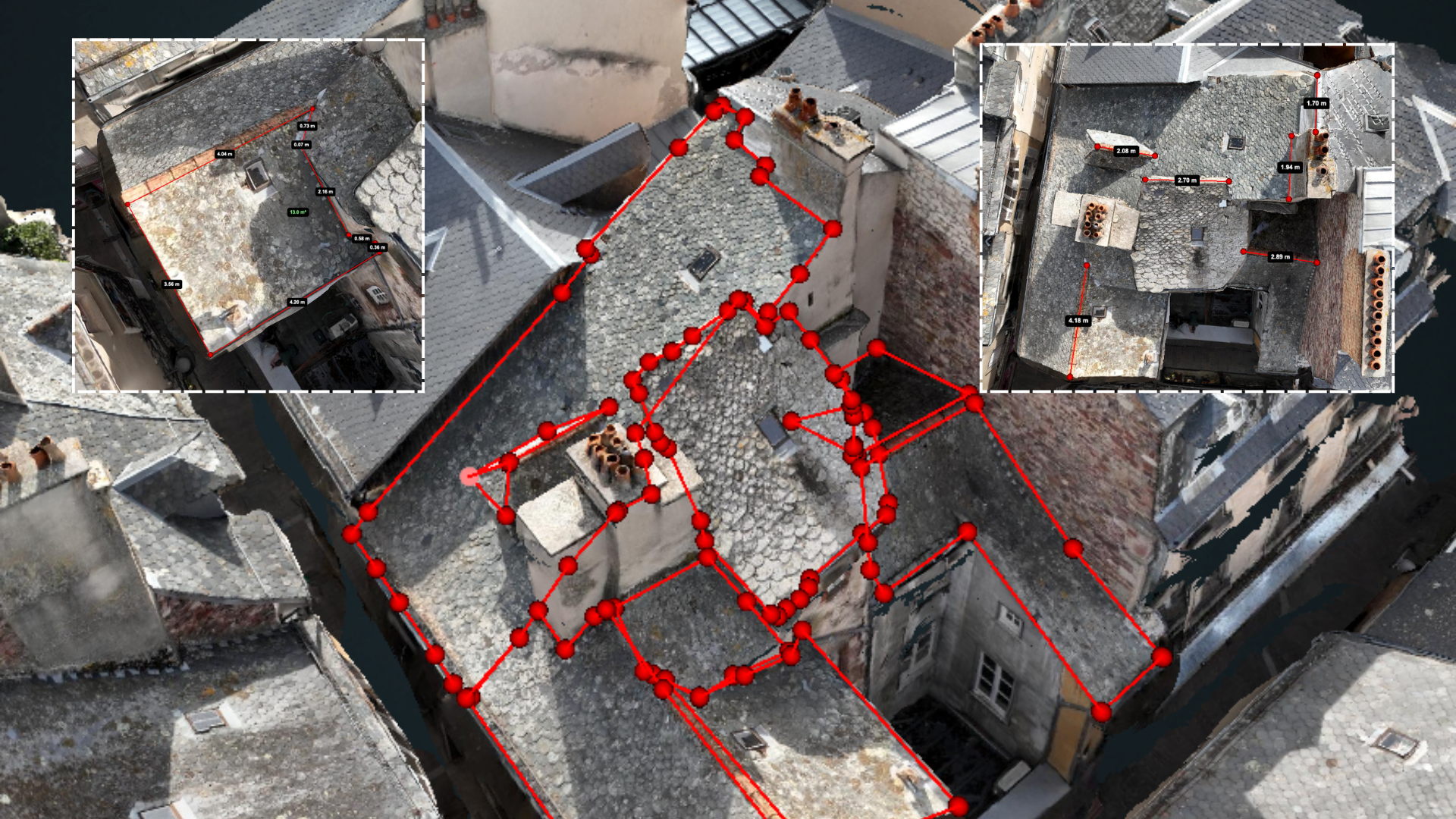 Skyworx réalise un relevé de toiture par drone en centre-ville de Rodez pour une entreprise de couverture : mesures précises, sans échafaudage ni intervention en hauteur.